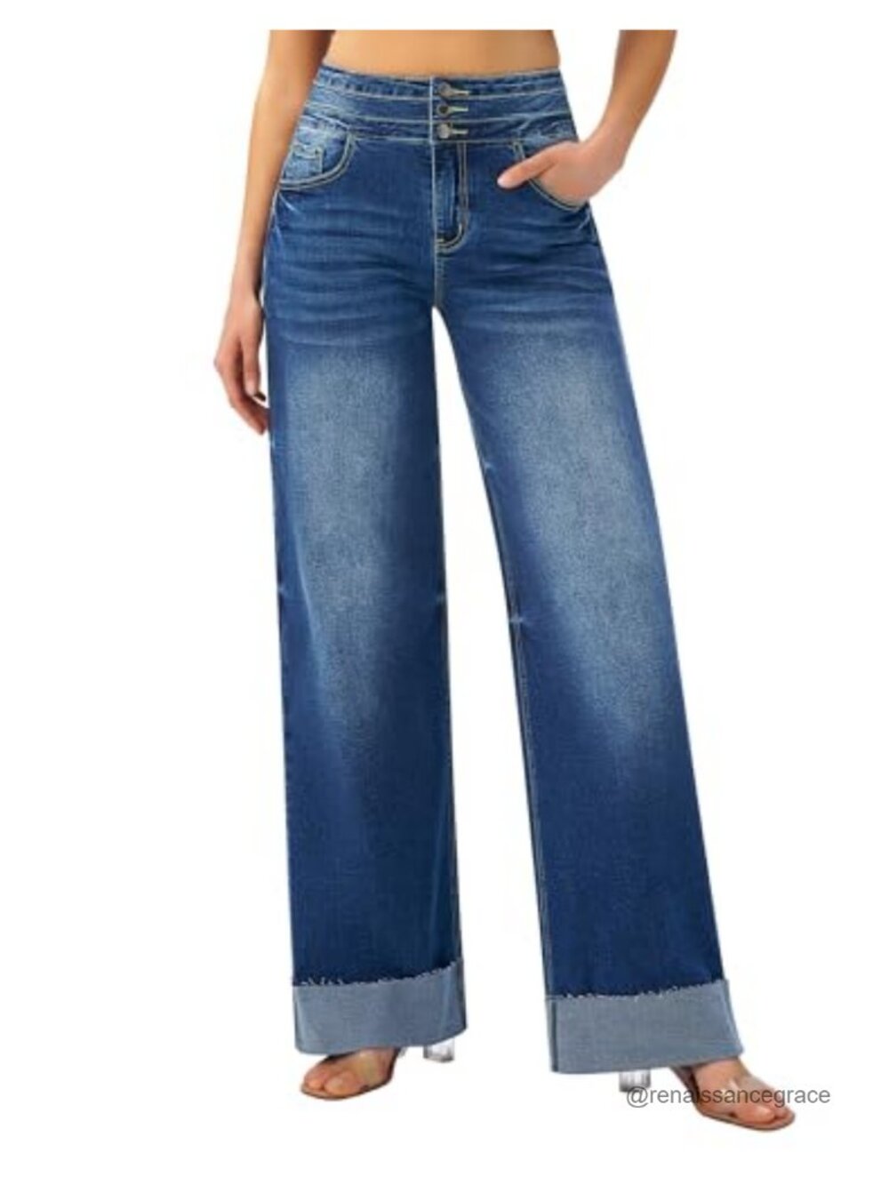 High Waisted Wide Leg Jeans with Cuffed Hem